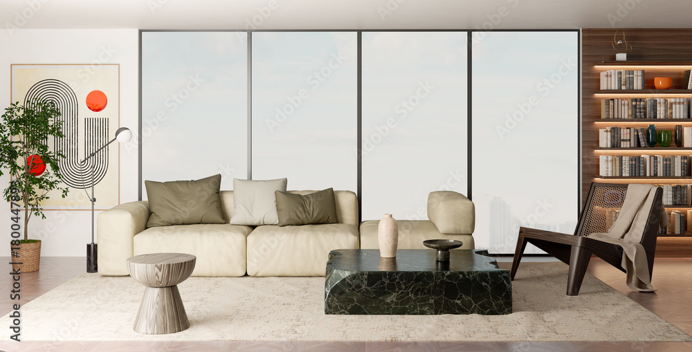 Naklejka premium Large luxury modern bright interiors Living room mockup illustration 3D rendering image