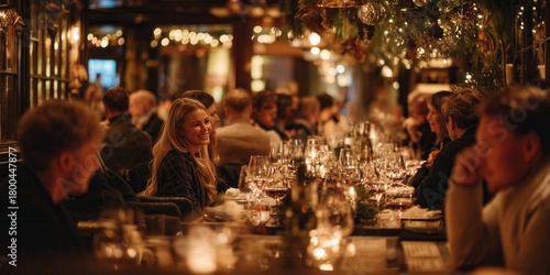 Large group of people gathered around a long festive table in warm restaurant lighting. Celebrating Christmas with friends or coworkers, sharing food, laughter, and connection.