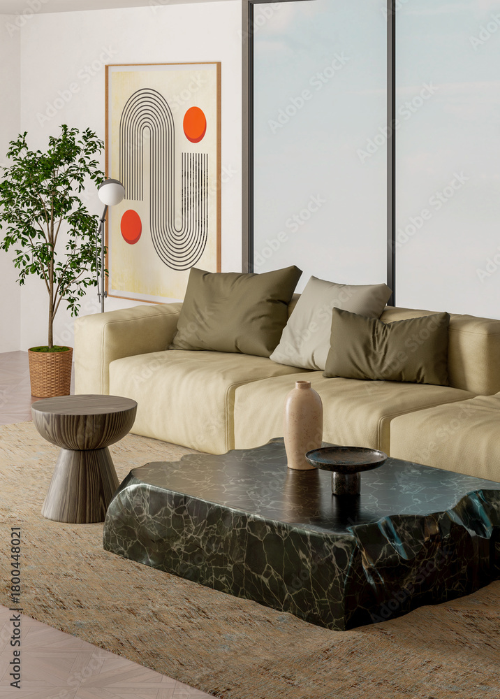 Obraz premium Large luxury modern bright interiors Living room mockup illustration 3D rendering image