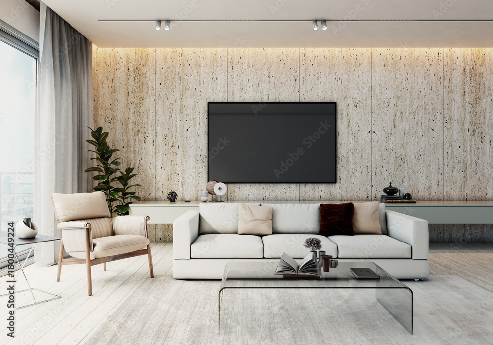 Naklejka premium Large luxury modern bright interiors Living room mockup illustration 3D rendering image