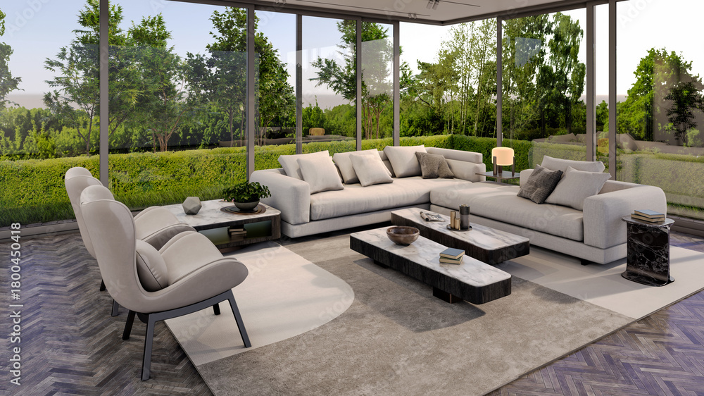 Fototapeta premium Large luxury modern bright interiors Living room mockup illustration 3D rendering image