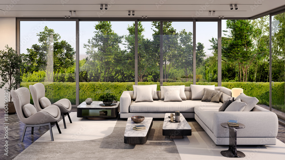 Naklejka premium Large luxury modern bright interiors Living room mockup illustration 3D rendering image