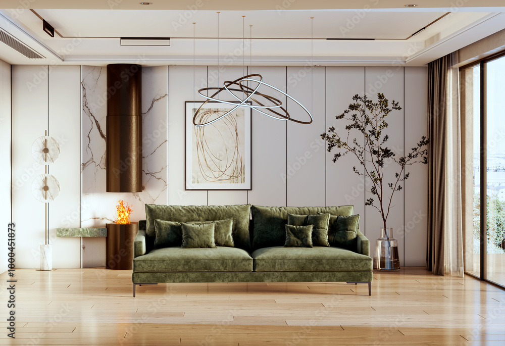 Fototapeta premium Large luxury modern bright interiors Living room mockup illustration 3D rendering image