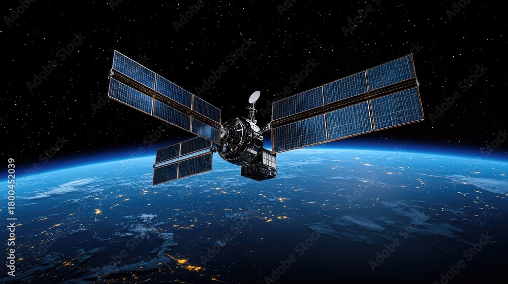 Fototapeta premium Satellite orbiting Earth providing communication and navigation services.