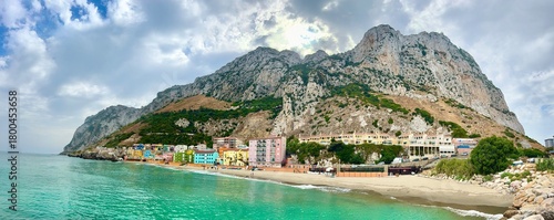 Catalan Bay: panorama view of the bay and fishing village with beach in Gibraltar, Rock of Gibraltar, Strait of Gibraltar, Mediterranean Sea, British Overseas Territory, Europe