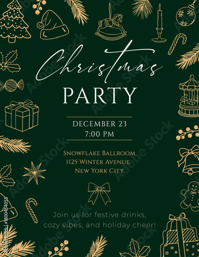 Christmas party invitation template with elegant gold line-art festive elements on a dark green background. Holiday celebration card design with Christmas decorations, gifts, pine branches, ornaments