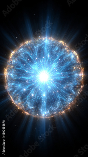 Abstract fusion energy core glowing in blue-white light radiating power and futuristic energy representing advanced technology science innovation and dynamic digital visualization in a sci-fi style
