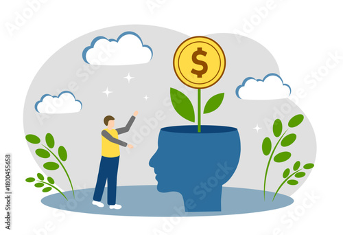 Head with a plant and money. The concept of money thinking, business ideas, financial growth