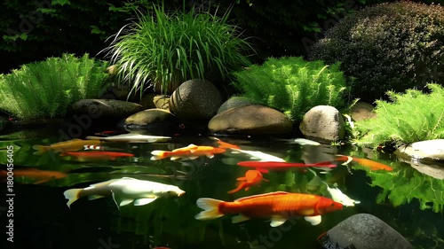 Tranquil koi fish pond scene featuring bright orange fish, rocks, and lush greenery