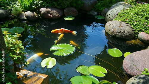 Tranquil koi pond scene featuring lily pads, round stepping stones, and lush surrounding greenery