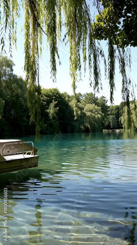 Tranquil lakeside scene featuring drooping willow branches over turquoise water and a small wooden dock