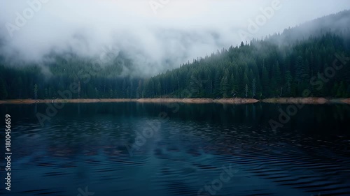 Tranquil Misty Alpine Lake Surrounded by Dense Pine Forest and Cloudy Skies