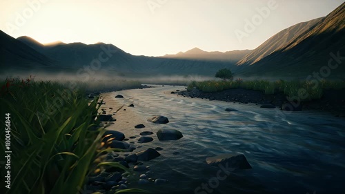 Tranquil Mountain River Carving a Narrow Valley Under Soft Evening Light