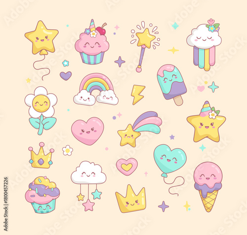 Cute set of kawaii style rainbow, cupcake, ice cream, magic wand, princess crown, cute desserts characters. Hand drawn kawaii stickers pack or pattern for kids design, print fabric	
