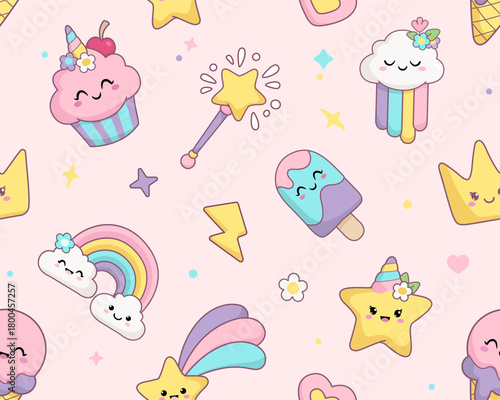 Kawaii Seamless Pattern of rainbow, cupcake, cute ice cream, magic wand, princess crown, cute desserts characters. Hand drawn Birthday or Pajamas pattern in kawaii style for baby kids design