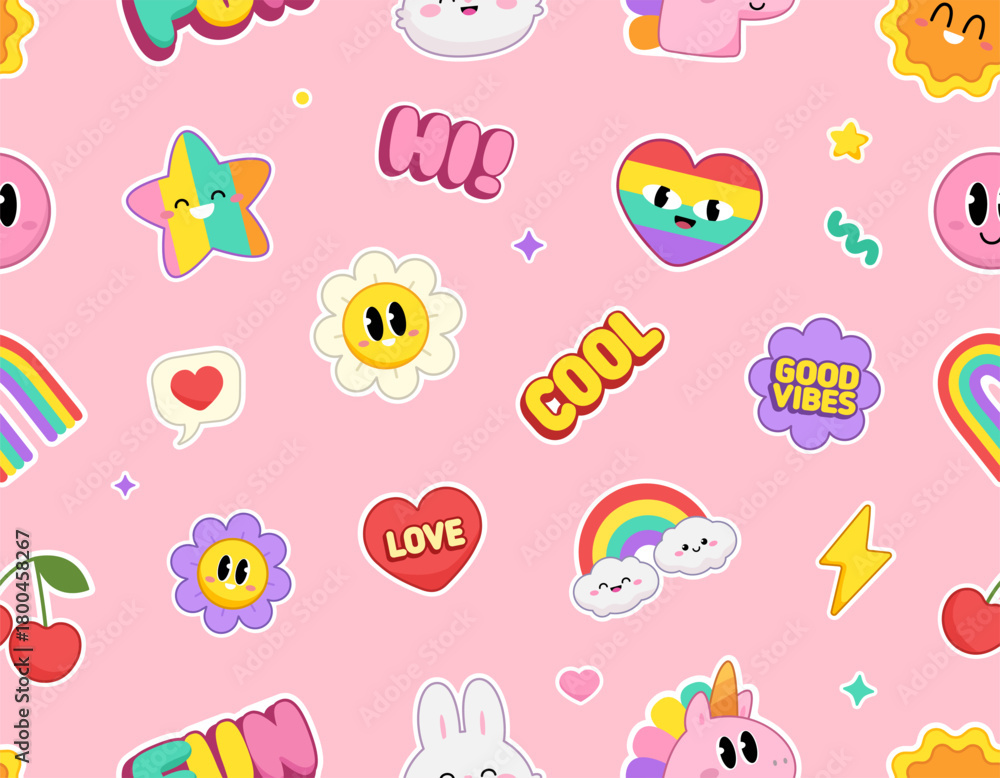 Fototapeta premium Cute Rainbow Kawaii seamless pattern. Adorable kawaii signs with rainbow unicorn, hearts, happy bunny and good vibes quotes. Bright and fun pink vector background