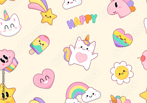 Cute Pajamas Seamless Pattern wth Kat Unicorn with funny rainbows characters. Hand drawn Birthday pattern in kawaii style for baby kids design, print fabric 