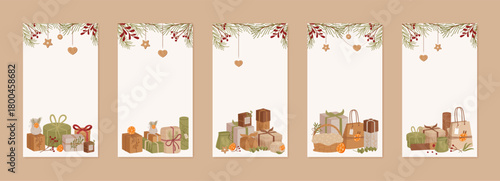 Kraft gift box banner in flat holiday design style. Present and ribbon package collection with rustic craft. Christmas vertical composition for festive decor and seasonal display context.