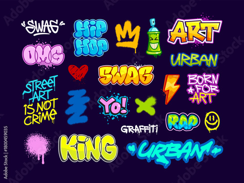 Set of Graffiti words and Street Art with abstract doodle vector elements. Bright Street Art colorful words and quotes: SWAG, King, Graffiti, Rap music and Hip-Hop grunge elements