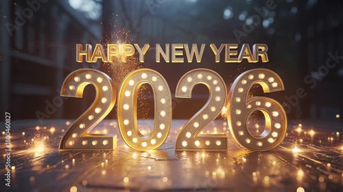 Happy New Year 2026 golden light reveal with cinematic depth and particles”