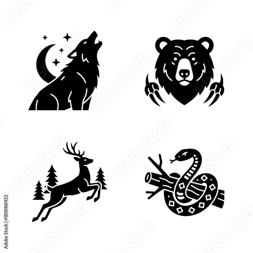 Bold black silhouette icons of wild animals howling wolf, powerful bear, graceful deer, and coiled snake. Ideal for nature, wilderness, and wildlife concepts, symbolizing strength and primal freedom