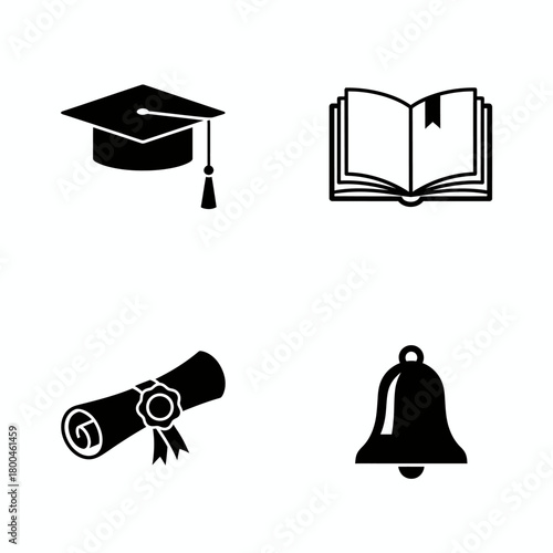 Collection of educational icons representing graduation cap, open book, diploma, and bell, symbolizing learning and achievement