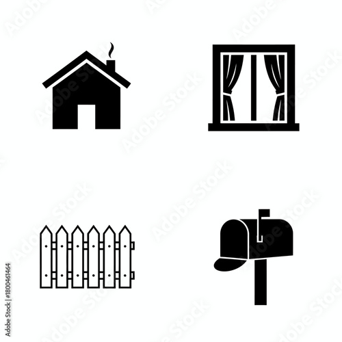 Four Icons of Home House, Window, Fence, and Mailbox Graphic Set