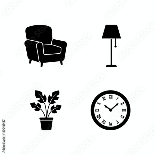 Household furniture and interior decoration icon collection. Simple black silhouette symbols of a chair, lamp, plant, and clock isolated on a white background