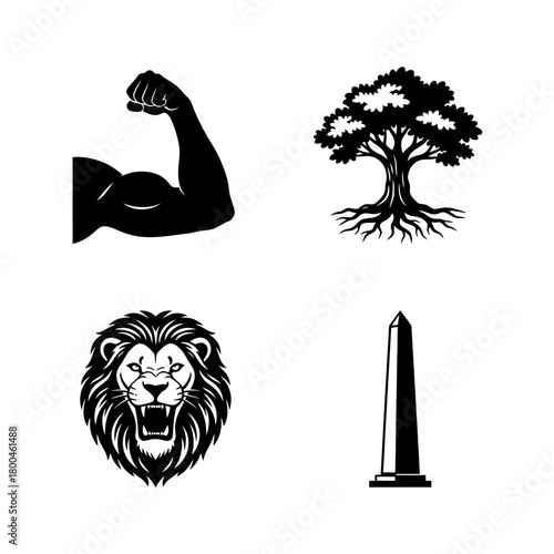 A powerful collection of monochrome icons symbolizing strength, heritage, and courage, featuring a muscle arm, tree, lion, and obelisk