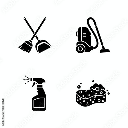 Comprehensive Set of Black Silhouette Icons Representing Essential Cleaning Tools and Household Supplies for Home Maintenance and Sanitation Tasks