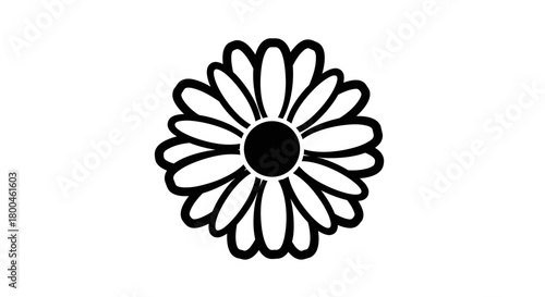 Elegant black line art illustration of a simple daisy flower icon, representing nature's serene beauty and fresh growth, ideal for minimalist branding and decorative design elements