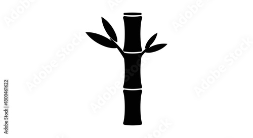 Simple Silhouette Illustration of Bamboo Stalk with Leaves on White Background