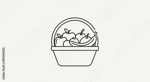 Fruit Basket Line Art Illustration with Apples, Oranges, and Bananas