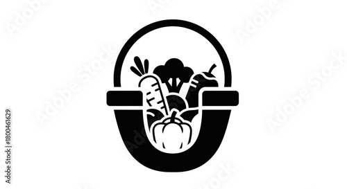 Minimalist line art icon of a shopping basket full of fresh vegetables. Symbol for grocery, healthy eating, organic produce, and farm-to-table concepts