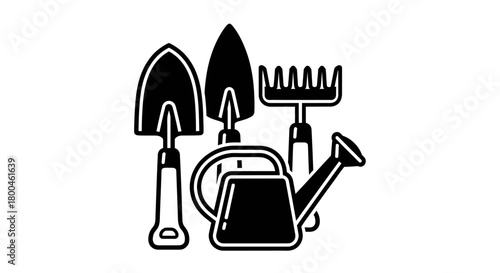 A collection of essential gardening tools shown as a simple black and white icon, including a trowel, spade, rake, and watering can