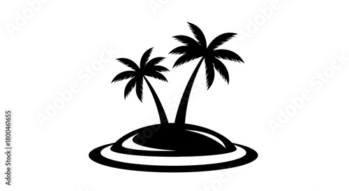Simple vector illustration of a tranquil tropical island featuring two iconic palm trees, evoking feelings of relaxation, vacation, and an idyllic escape to a remote paradise