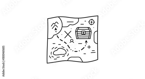 Hand-drawn style vector icon depicting an old treasure map with a marked 'X' and a chest, representing a quest for hidden riches, exploration, and adventure