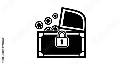 A black and white icon of a locked treasure chest overflowing with valuable coins, symbolizing secure wealth, hidden fortune, and a protected prize