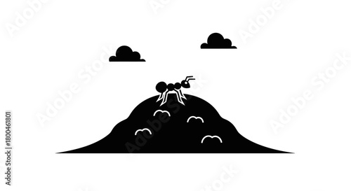 Minimalist black and white graphic of a single ant on a mound, representing the concept of leadership and success
