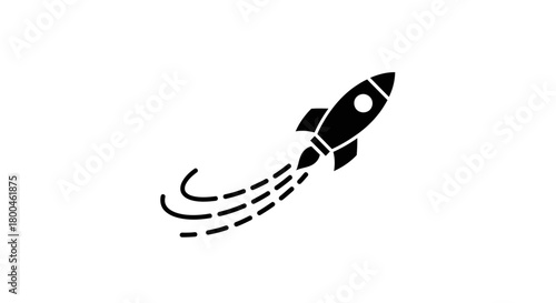 Simple illustration of a rocket ship launching into space with a trail of smoke behind it
