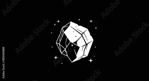 Minimalist illustration of a glowing crystal shard floating in space, surrounded by tiny stars