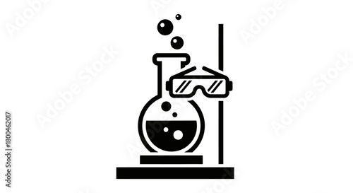 Black and white vector icon illustrating a chemistry experiment with a boiling flask and safety goggles, symbolizing scientific research and laboratory work for educational purposes