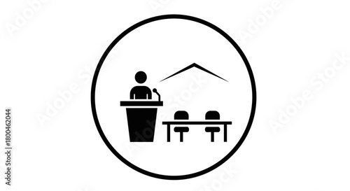 Simple black and white line icon of a speaker at a podium giving a presentation to an audience, symbolizing a conference, lecture, or public speaking event