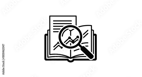 Data analysis icon featuring a magnifying glass examining a financial report on an open book, symbolizing research and auditing