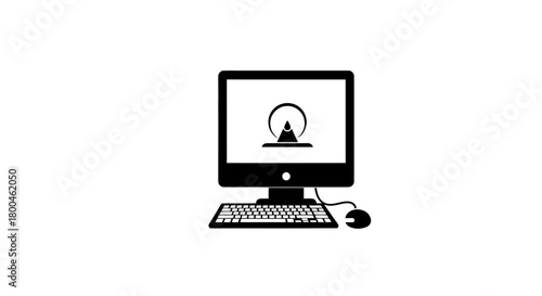 A flat vector graphic icon representing a personal computer workstation. This isolated black and white silhouette symbolizes modern digital technology and office productivity concepts