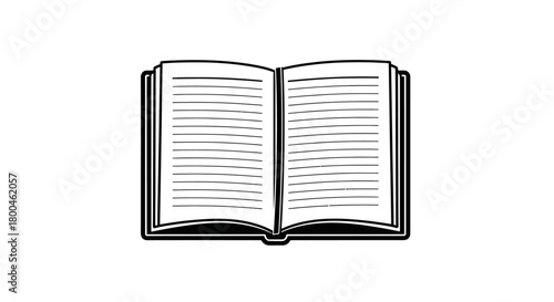 Minimalist black and white line art illustration of an open book, symbolizing knowledge, learning, and education, ideal for academic or literary design projects