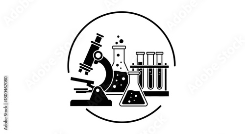 Science Icon Microscope, Flasks, and Test Tubes within a Circular Design for Research and Laboratory Concepts
