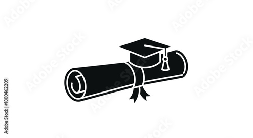 Monochromatic vector illustration showcasing a diploma scroll and a graduation cap, signifying academic success, educational achievement, and the completion of studies