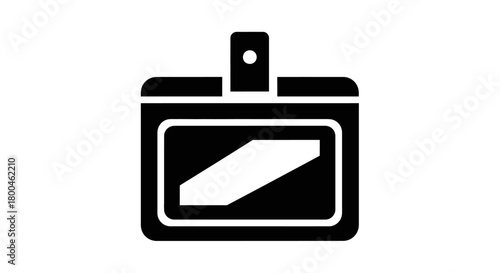 Black and white icon of a rectangular identification card with a clip on top