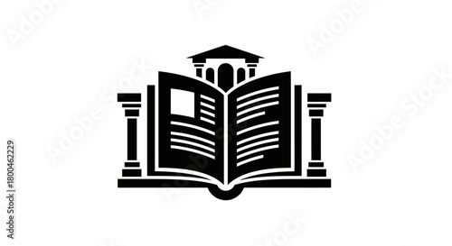 Open Book with Columns and Building Icon Symbol of Education, Knowledge, and Learning Institution
